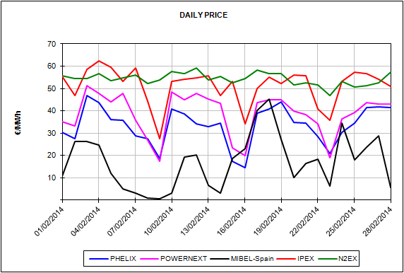 Report of the European Energy Market Prices for the month of February 2014