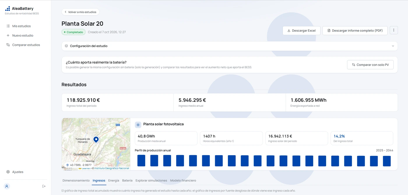 Resultados de un estudio de rentabilidad de AleaBattery para una planta solar